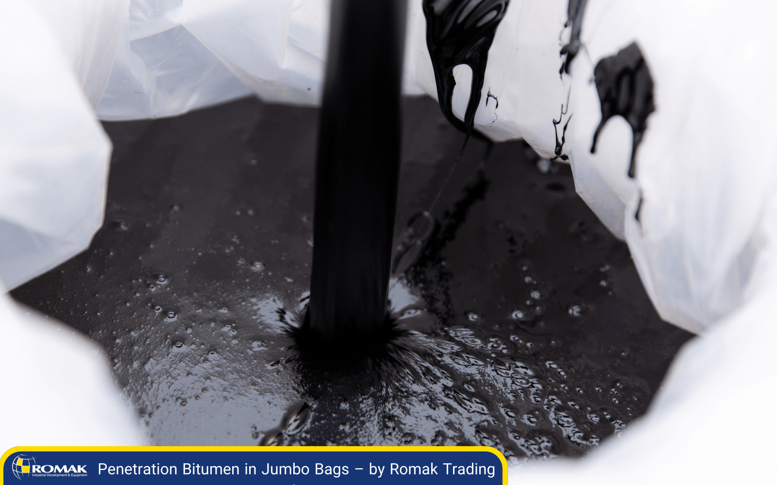 High-quality penetration bitumen in jumbo bags ready for export from Romak Trading, a trusted Iran Bitumen supplier.