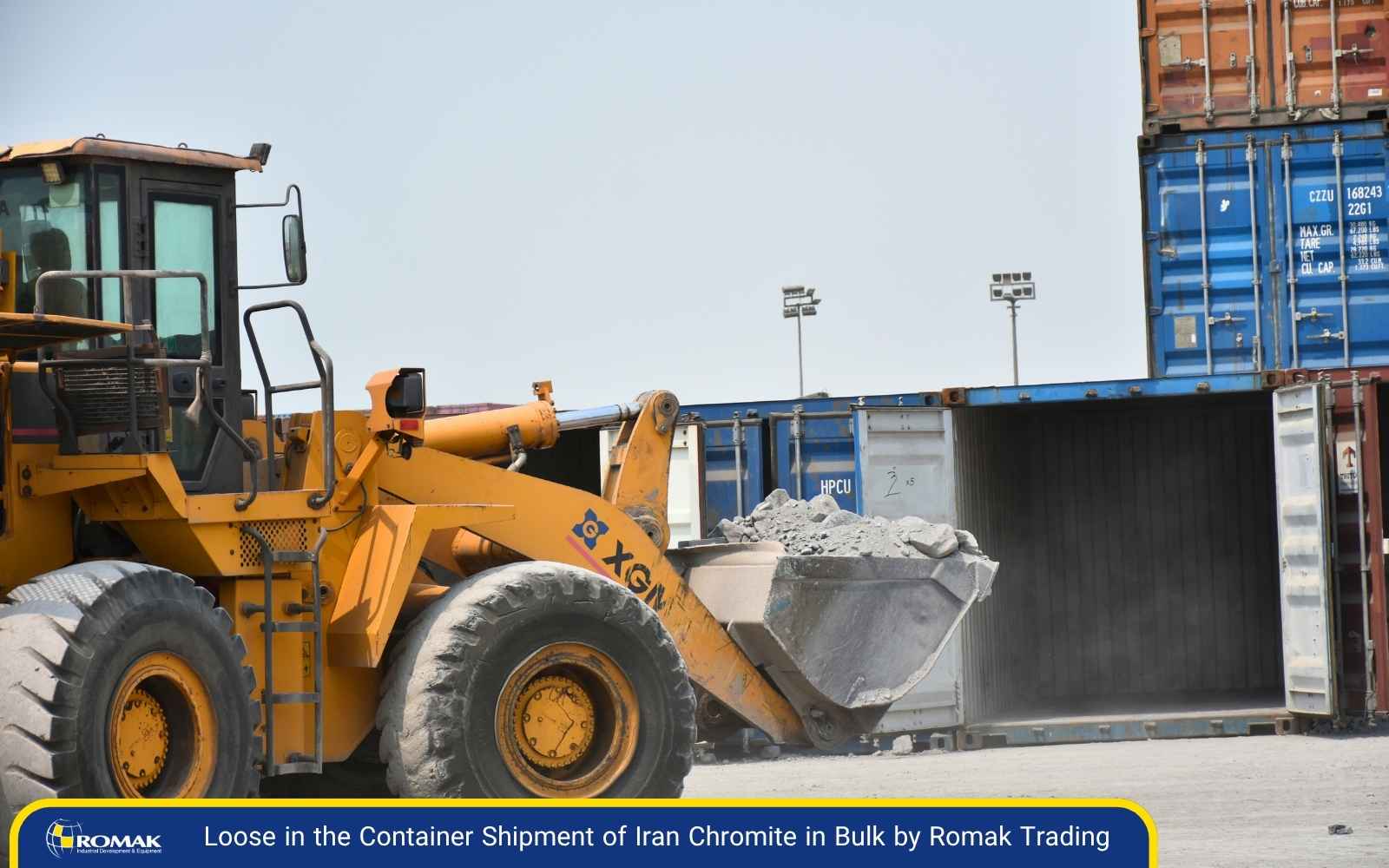 Romak Trading loading Iran chromite in bulk loose in the container using a front loader for international shipment